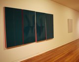 Ray Thorburn Modular 4, Series 5, 1973, cellulose lacquer on hardboard, Collection Dunedin Public Art Gallery. On the right, Gordon Walters, Untitled, 1980, acrylic on canvas, Collection Dunedin Public Art Gallery