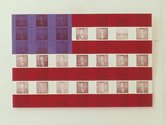 Billy Apple, The Presidential Suite: JFK, 1964, xerography on primed linen (white x 18) and fabric (red x 22 and blue x 9), 49 canvases arranged in 7 x 7 rows, Total dimension: 142.5 x 213.5 x2 cm (individual 20.5 x 30.5 cm each)