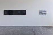 Installation of five works by Roberta Thornley on left and Lena Nyadbi's Jimbiria and Daylwal, 2010 on right