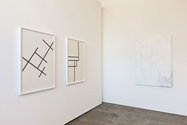 On the left, Jonathan Jones,  untitled (salt) A, and untitled (salt) J, both 2010 and graphic on Arches paper and 1130 x 730 mm. on right Sally Gabori, My Country, 2008, polymer paint on linen, 1520 x 1010 mm