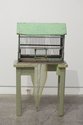 Julia Morison, Missing Thing, bird cage, table, plug and silk cloth, 540 x 480 x 280 mm. Photo by Jennifer French