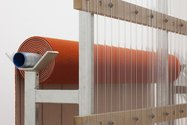 Derrick Cherrie, Constituent Parts #4 (Orange Runner), 2012, galvanised steel, corrugated PVC, carpet. 2700 x 1400 x 4400 mm. Detail