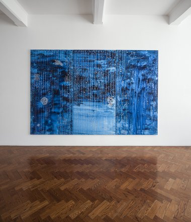 John Reynolds, Kepler's Dream, 2012, silver marker pen, acrylic and rainwater on three canvas panels. 2440 x 3600 mm
