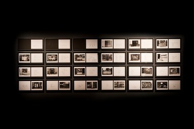Installation view of Martha Rosler's The Bowery in Two Inadequate Descriptive Systems (1974-75) at the Adam Art Gallery. Series of 45 gelatin silver prints of text and images on 24 backing boards, each backing board 300 × 600 mm. Photo: Robert Cross. 