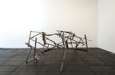 Installation view of John Panting: Spatial Constructions at the Adam Art Gallery, showing 6.08 (Untitled VIII, 1973–74, steel, 244 x 366 x 244cm. Collection of Museum of New Zealand Te Papa Tongarewa, 1977-0006-1. Photo: Shaun Waugh.