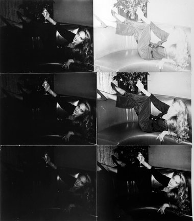 Andy Warhol, Jerry Hall Reclining on Couch, 1976–1987, Six silver gelatin prints stitched with thread, 80 x 69 cm © 2014 The Andy Warhol Foundation for the Visual Arts, Inc. / Artists Rights Society (ARS), New York and DACS, London Courtesy Bischofberger 