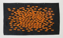 Daniel Malone, Arhythmia, 2014, pill packets, Solpah and oil on canvas drop cloth, 1260 x 2360 mm