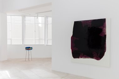 Helen Calder, Stack, 2012, acrylic paint skins and steel frame; Marie Le Lievre, Black Mass (House), 2015, oil on canvas. Photo: Sam Hartnett