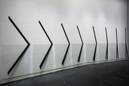 Andrew Beck, Linear Split (8 Phases), 2015, acrylic on eight sheets of non-reflective glass with wall painting, each sheet 1350 x 900 mm. Courtesy of the artist and Hamish McKay Gallery, Wellington (photo: Shaun Waugh)
