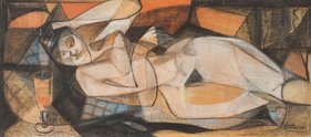 Louise Henderson, Nude, 1952, charcoal and crayon collaged on paper, 485 x 1095 mm. The University of Auckland Art Collection