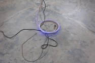Zoë Paul, LO, 2015, Wool on found grill, plastic piping, LED tape, electrics, steel cables, petroleum jelly, oil thickener (detail).