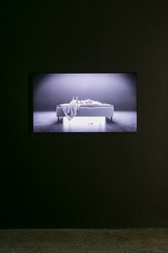 Will Benedict, THE BED THAT EATS, 2015, HD video, 6 min, as installed at Artspace. Photo: Sam Hartnett.