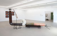 In foreground, Oscar Enberg, Imagination Dead Imagine (lilt for tenor and Jean arp electric guitar), 2015, mixed media, 200 x 4500 x 1200 mm overall