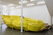 Richard Maloy,  Yellow Structure (Variation), 2016  Card, tape, acrylic paint.  Dimensions variable. Supported by the Asia/NZ Co-commissioning Fund. Photo: Sam Hartnett