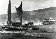 Hokule'a returning to Hawai'i from its 1976 journey to Tahiti, photograph from the Honolulu Star-Advertiser 