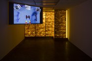 Sorawit Songsataya, Coyotes Running Oppposite Ways, 2016 (new commission), animated HD video (4 min 58 secs), glazed ceramics, twigs, felted wool fibre, machine-knitted mohair textile, inkjet prints on linen, jute wall, coloured fluorescent lighting.
