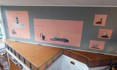 Installation of Eve Armstrong's China and Hardware (2017) at Dunedin Public Art Gallery. Wallpaper, paint, photographic image on vinyl. Photograph courtesy of the artist and Michael Lett, Auckland.