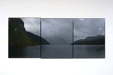 Mark Adams, 27. 6. 2014 - 1. 7. 2014. Nine Fathoms Passage 8c,9c,10c. Tamatea-Dusky Sound; After William Hodges’ “Waterfall in Dusky Sound with Maori Canoe, 1775-7”. Detail. 2017. Photo: Sam Hartnett