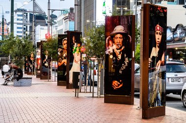 Suzanne Tamaki's 'Native Eye' lightboxes as installed in Courtney Place. Photo: Mark Coote.