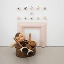 Oscar Enberg, The Origin of Man, The State of Innocence, 2018 enamel and charcoal on cast fibrous plaster, acrylic and enamel on cast epoxy resin, assorted fabrics, cotton and wool filling, ribbon, brass bells, safety pin, printed ceramic mugs...