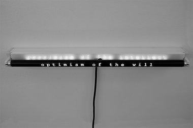 Deborah Rundle, Optimism of the Will, 2018, (detail) two fluorescent tubes, battens, vinyl cut text, courtesy of the artist