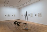 Remade sculpture and Bryony Dalefield's photographs of Kieran Lyons' Superimpression: Printer (1974/2018) and Spring from the Cross (1974). Part of Groundswell: Avant-Garde Auckland 1971-79 at Auckland Art Gallery Toi o Tamaki.