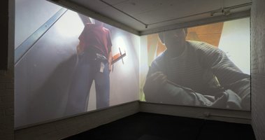 Installation of Campbell Patterson's 'Tight Jeans' digital videos: one 2018, the other 2007; one 51'57'', the other 46'09''.