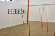 Xander Dixon: Pole markers, 2019, archival pigment print on cotton rag paper. Framed, 175 x 165 mm ; Untitled (pole markers), 2019, 15 powder-coated aluminium tubes, 2000 x 25 mm (approx). Image: Andreea Christache    