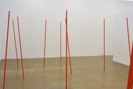 Xander Dixon, Untitled (pole markers), 2019, 15 powder-coated aluminium tubes, 2000 x 25 mm (approx). Image: Andreea Christache    