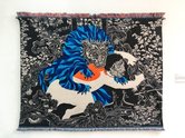 Paul McLachlan, Blue Lion, 2018, wall hanging:rubber, mohair, merino, linen, acrylic  and polyester yarns. 1600 x 2170 x 50 mm. Jury Award Winner. 