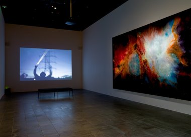 Haines & Hinterding, Encounter with the Halo Field, 2009–15, single-channel video, sound, duration 3 min 38 sec. Collection of Christchurch Art Gallery Te Puna o Waiwhetū; Hannah Beehre, Orion, 2018, Swarovski® crystals, dye and acrylic on silk velvet.