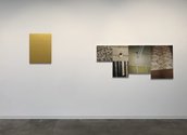 On right: Ruth Cleland, Room, 2004'2016, acrylic on hardboard (5 panels), 84 x 191.5 cm (overall)