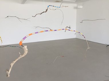 Phil Dadson, June Music, 2019, 30 acrylic painted weathers roots and branches, suspended from ceiling. Plus 10 drawings (300 x 410 mm each).