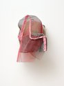 Paul Lee, Pink Pope, 2022, washcloth, ink, staples, aluminium screen, spray paint, tambourine, 380 x 270 x 254 mm