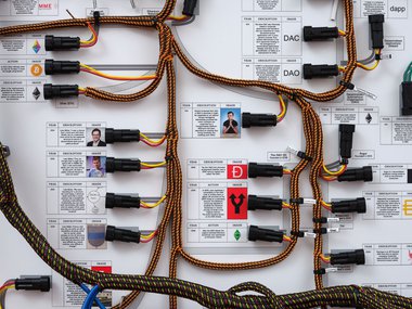 Simon Denny and Karamia Müller, Creation Story Cable Harness 2, 2022, detail. Courtesy of the artists and Michael Lett. Photograph by Sam Hartnett