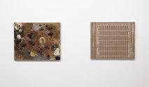 Shiraz Sadikeen, Verso/Wageform (diptych), 2024, MDF, acrylic, mixed media, 200 x 245 mm each panel. Photo: Alex North